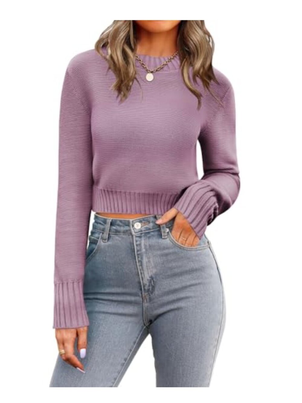 Women's Cropped Knit Sweater Long Sleeve Crew Neck Cozy Ribbed Pullover Casual